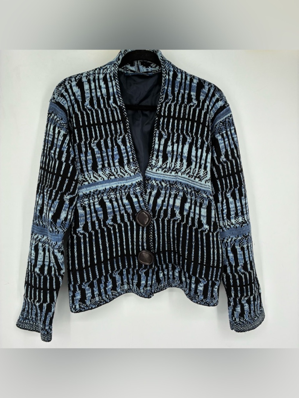 Bill Baber Scotland Knit Women XL Blue Cardigan Sweater Button Abstract Handmade